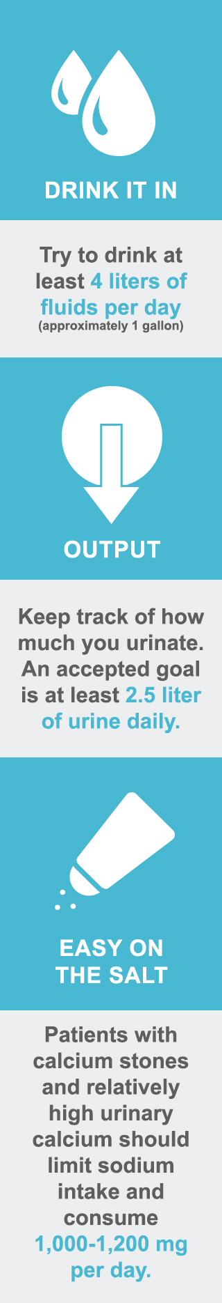 Try to drink at least 4 liters of fluids per day (approximately 1 gallon) | Keep track of how much you urinate. An accepted goal is at least 2.5 liter of urine daily. | Patients with calcium stones and relatively high urinary calcium should limit sodium intake and consume 1,000-1,200 mg per day. Try to drink at least 4 liters of fluids per day (approximately 1 gallon) | Keep track of how much you urinate. An accepted goal is at least 2.5 liter of urine daily. | Patients with calcium stones and relatively high urinary calcium should limit sodium intake and consume 1,000-1,200 mg per day.