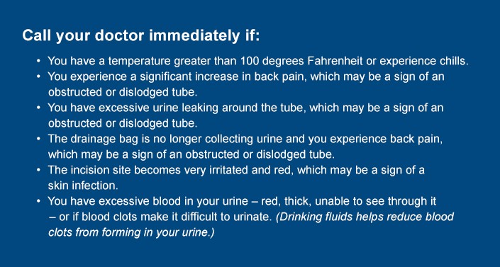 Call your doctor immediately if:  •	You have a temperature greater than 100 degrees Fahrenheit or experience chills. •	You experience a significant increase in back pain, which may be a sign of an obstructed or dislodged tube. •	You have excessive urine leaking around the tube, which may be a sign of an obstructed or dislodged tube. •	The drainage bag is no longer collecting urine and you experience back pain,      which may be a sign of an obstructed or dislodged tube. •	The incision site becomes very irritated and red, which may be a sign of a skin infection. •	You have excessive blood in your urine – red, thick, unable to see through it – or if blood clots make it difficult to urinate. (Drinking fluids helps reduce blood          clots from forming in your urine.)